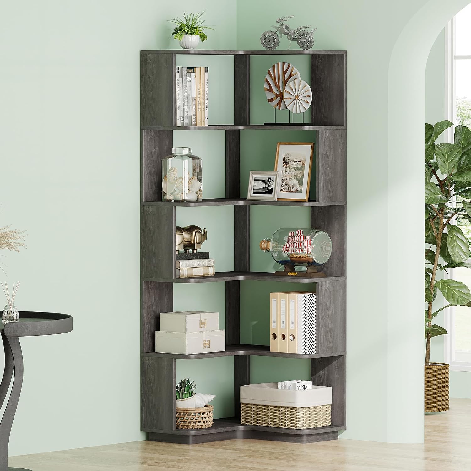 Tribesigns 6-Tier Corner Bookshelf, 64.9 Inches Tall Corner Bookcase with Anti-Drop Panel, Modern Freestanding Shelf Display Rack Storage Organizer for Home Office, Living Room, Grey