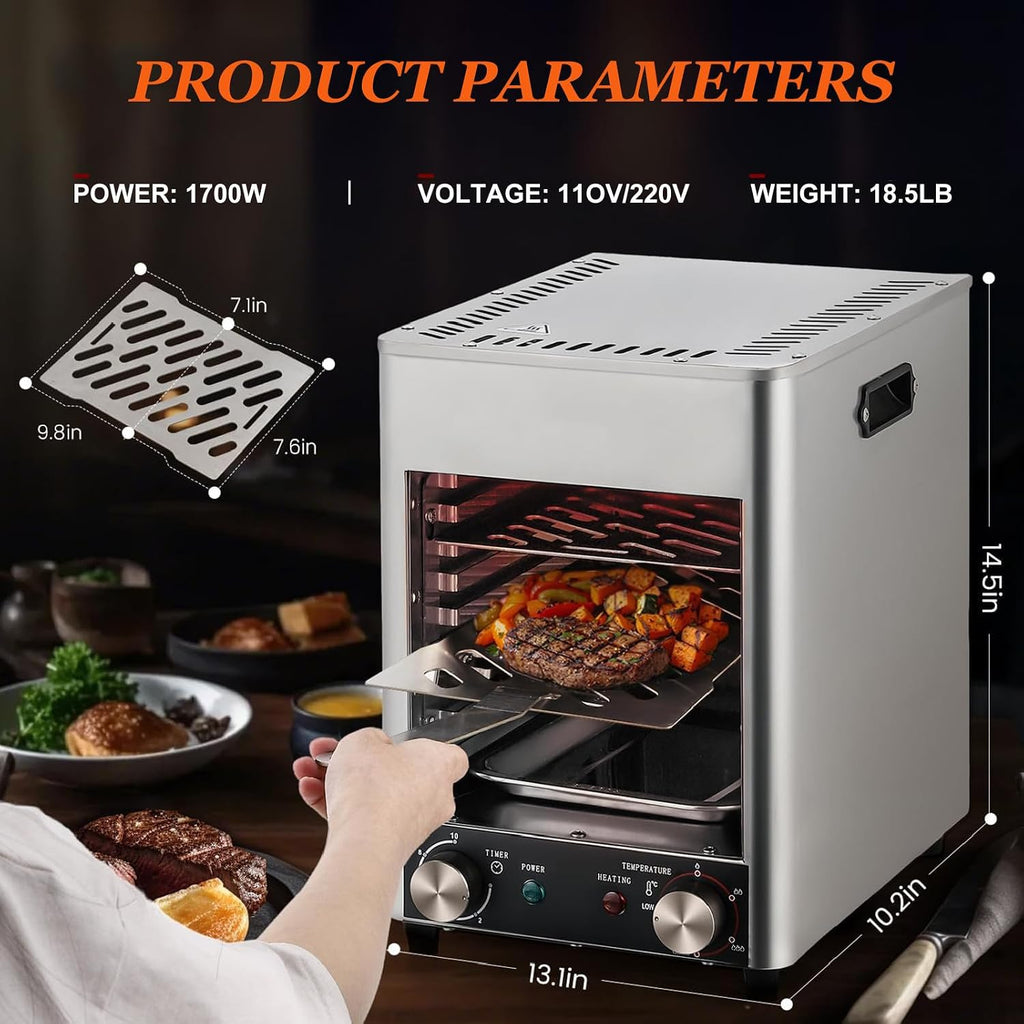 Countertop Broiler 1700W Electric Grill Indoor, Grill 400-1450°F Temperature Adjustable, Commercial Steak Broiler Food-grade Stainless Steel Toaster Oven,220V
