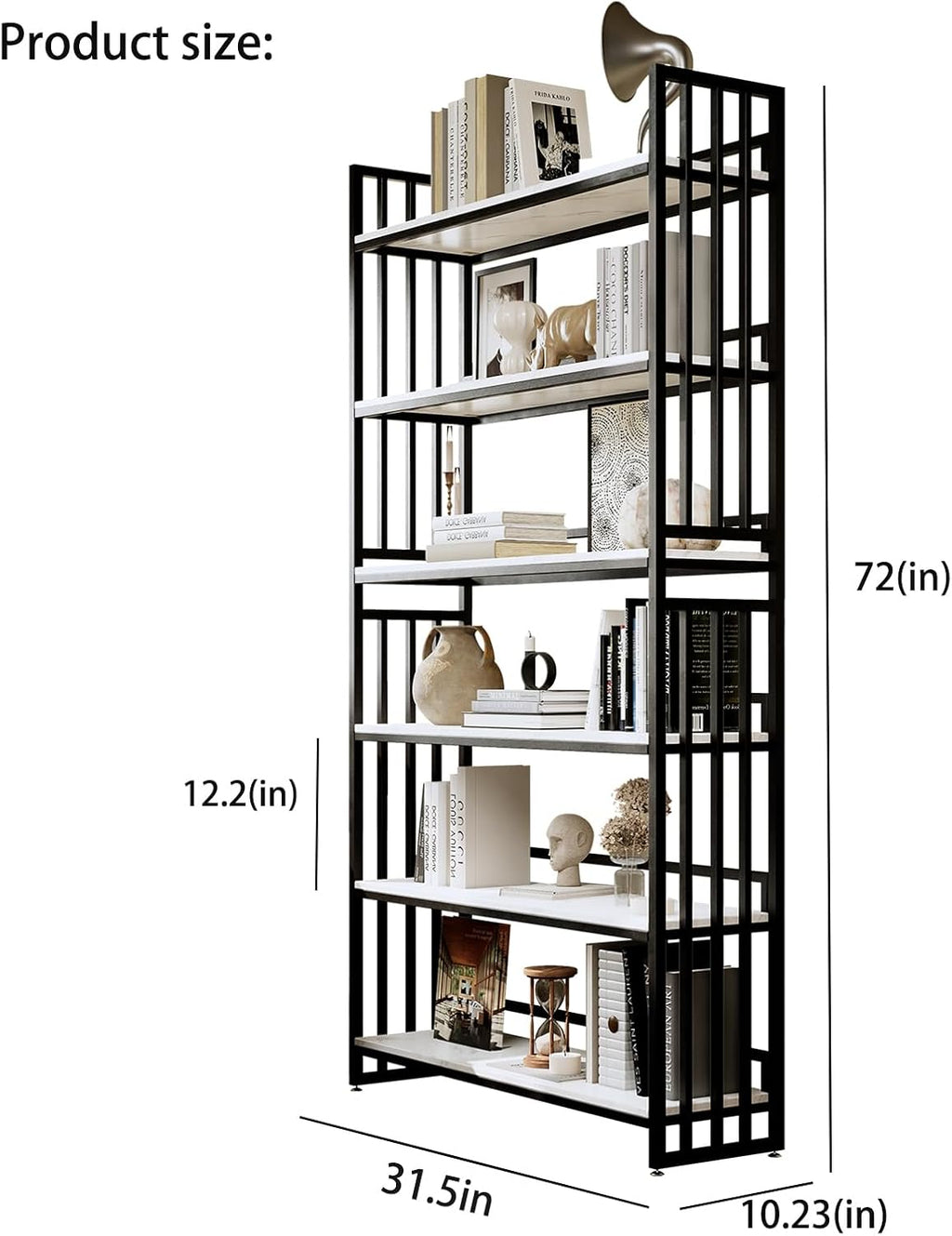 Tall Metal Bookshelf, Modern Industrial Open Bookcase with 6 Shelves, Freestanding Storage & Display Shelf for Living Room, Home Office, Apartment, Black Frame