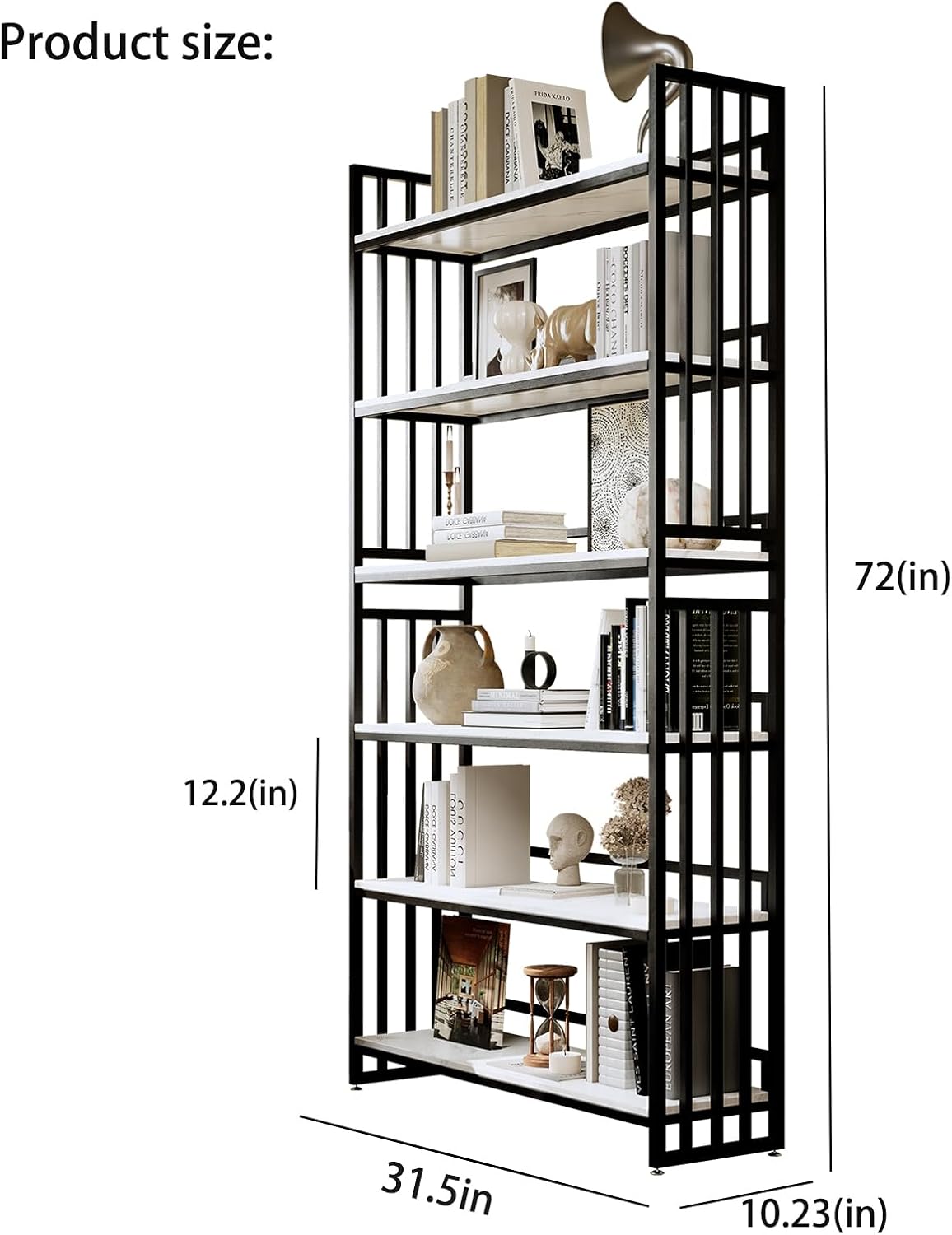 Tall Metal Bookshelf, Modern Industrial Open Bookcase with 6 Shelves, Freestanding Storage & Display Shelf for Living Room, Home Office, Apartment, Black Frame