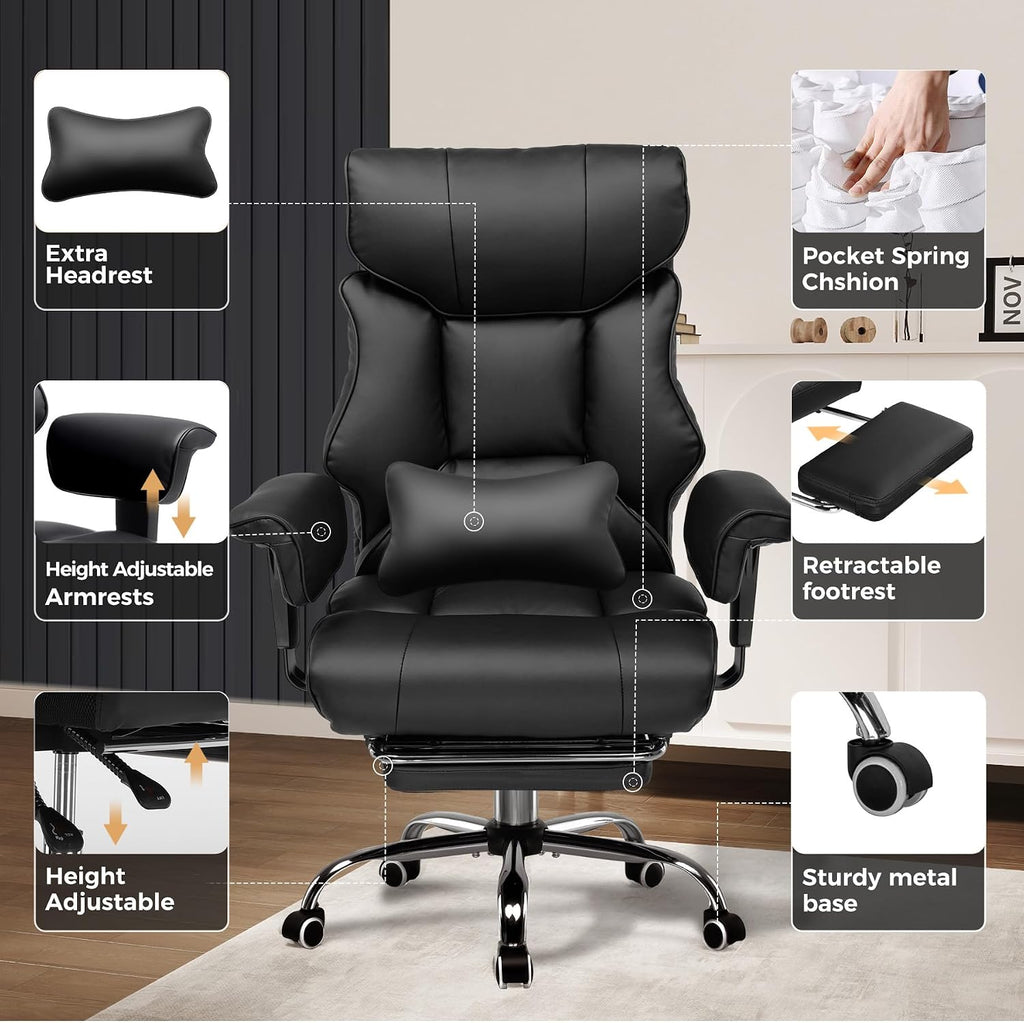 GTPLAYER Big and Tall Gaming Chair 400lbs Heavy Duty Office Chair with Foot Rest & Ergonomic Pocket Spring Cushion, High Back Lumbar Support for Lower Back Pain Relief, Ergo Black