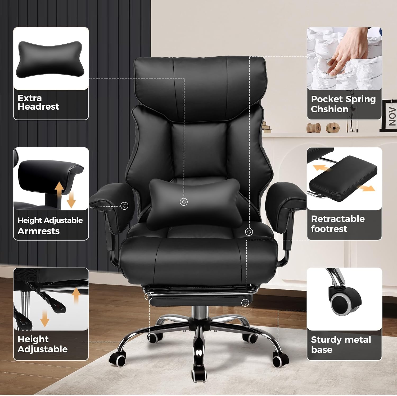 GTPLAYER Big and Tall Gaming Chair 400lbs Heavy Duty Office Chair with Foot Rest & Ergonomic Pocket Spring Cushion, High Back Lumbar Support for Lower Back Pain Relief, Ergo Black
