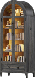 HNEBC Book Shelf with LED Lights, Arched Display Case with Storage Cabinet, Smart File Cabinet with Glass Door, Curio Cabinet with Solid Wood Legs for Home Office/Bedroom Furnniture-Brown