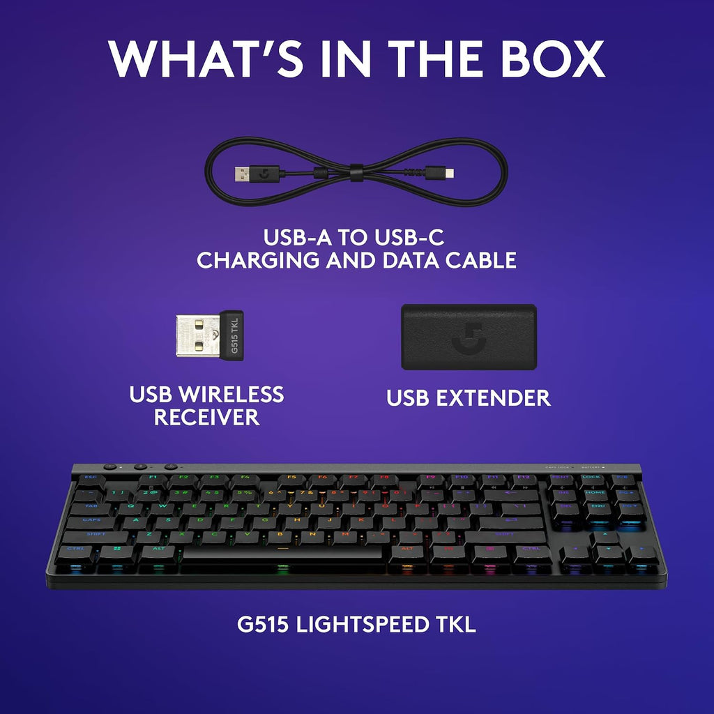 Logitech G515 Lightspeed TKL Low Profile Wireless Gaming Keyboard, LIGHTSYNC RGB, Thin Tenkeyless Design, PBT Keycaps, Tactile (Brown) Mechanical Switches - Black