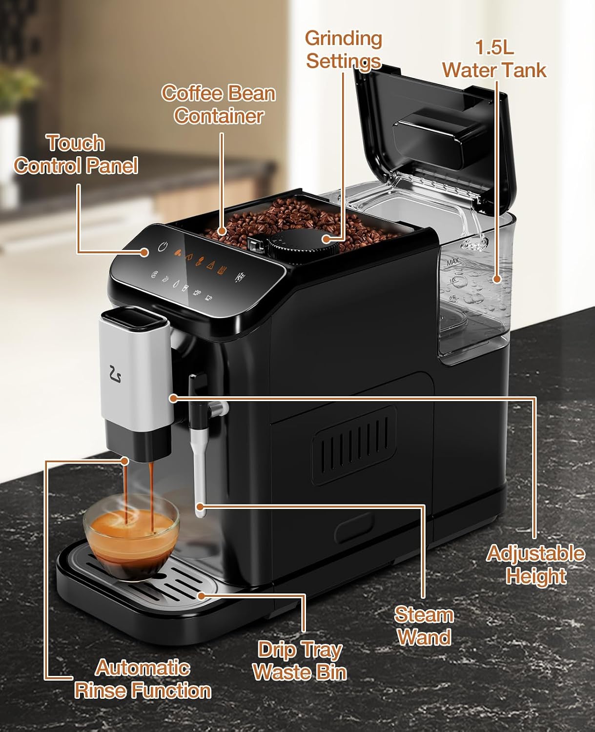 Fully Automatic Coffee Machine, 20 Bar Professional Espresso Machine with Grinder & Milk Frother, 1-15 Adjustable Grind Size Levels, 1.5L Water Tank, Cappuccino & Latte Machine for Home
