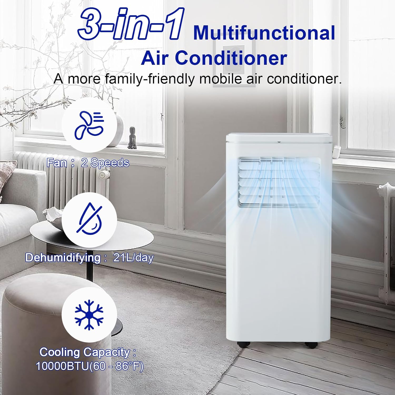 10000 BTU Portable Air Conditioners, 3 in 1 Portable AC Unit with Cooling Dehumidifier Fan, Remote Control, 24H Timer, Quiet 45 dB Sleep Mode, Energy Saving for Home Bedroom
