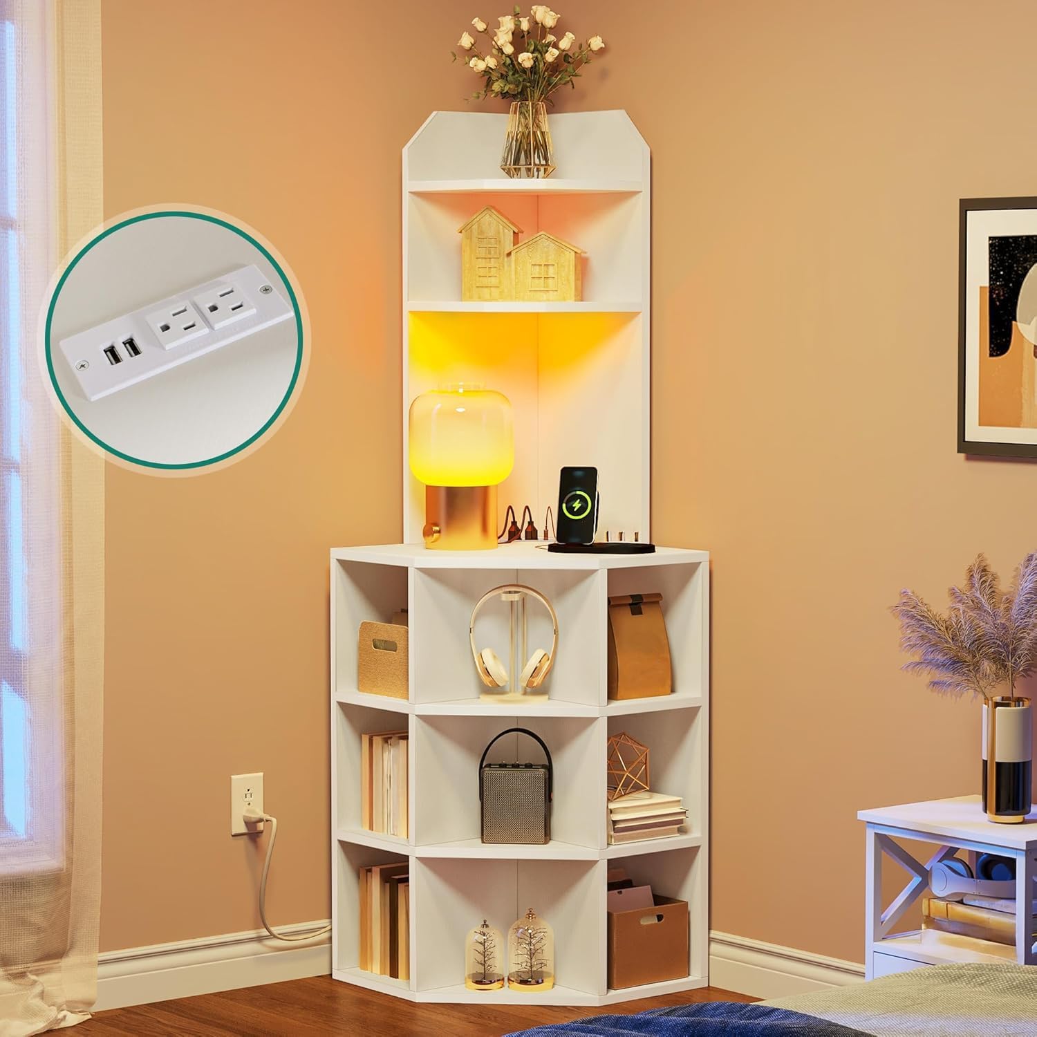 YITAHOME Corner Shelf with USB Ports & Outlets, Modern Corner Storage Cabinet Rack Charging Station, Wooden Display Bookshelf Bookcase for Living Room, Bedroom, Dining Room, Kitchen, White
