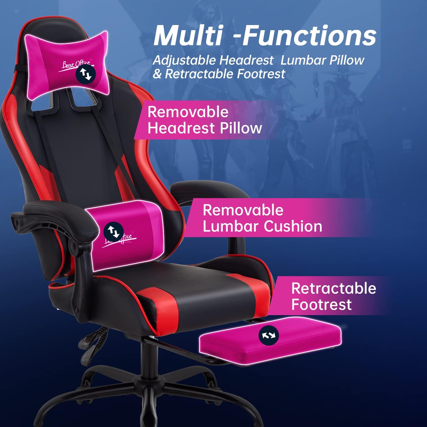 Gaming Chair Office Chair Desk Chair with Footrest Lumbar Support Headrest Armrest Task Rolling Swivel Ergonomic E-Sports Adjustable PC Gamer Chair (Red)