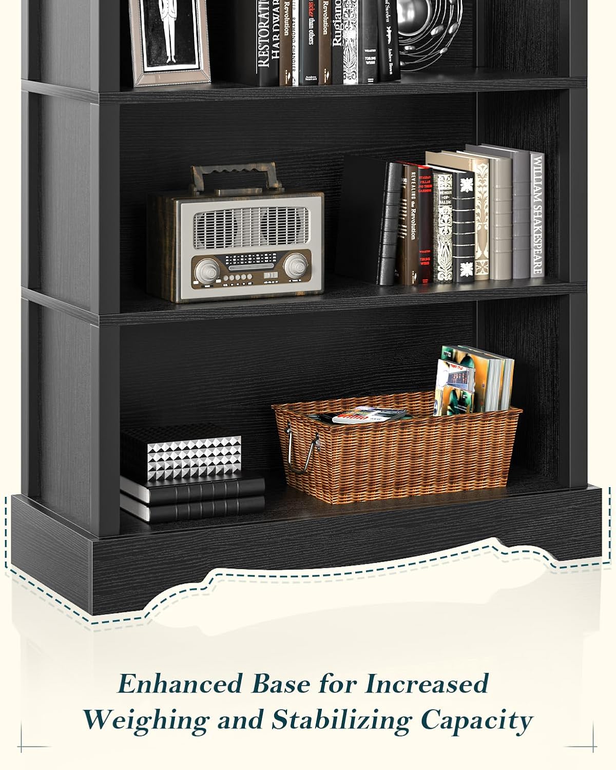 TVU 5-Tier Wooden Bookshelf, 31.5' W x 65' H ×9.9' D Bookshelf with Storage, Floor Standing Modern Style Display Bookcase for Living Room, Office, Study Room, Entryway, Black