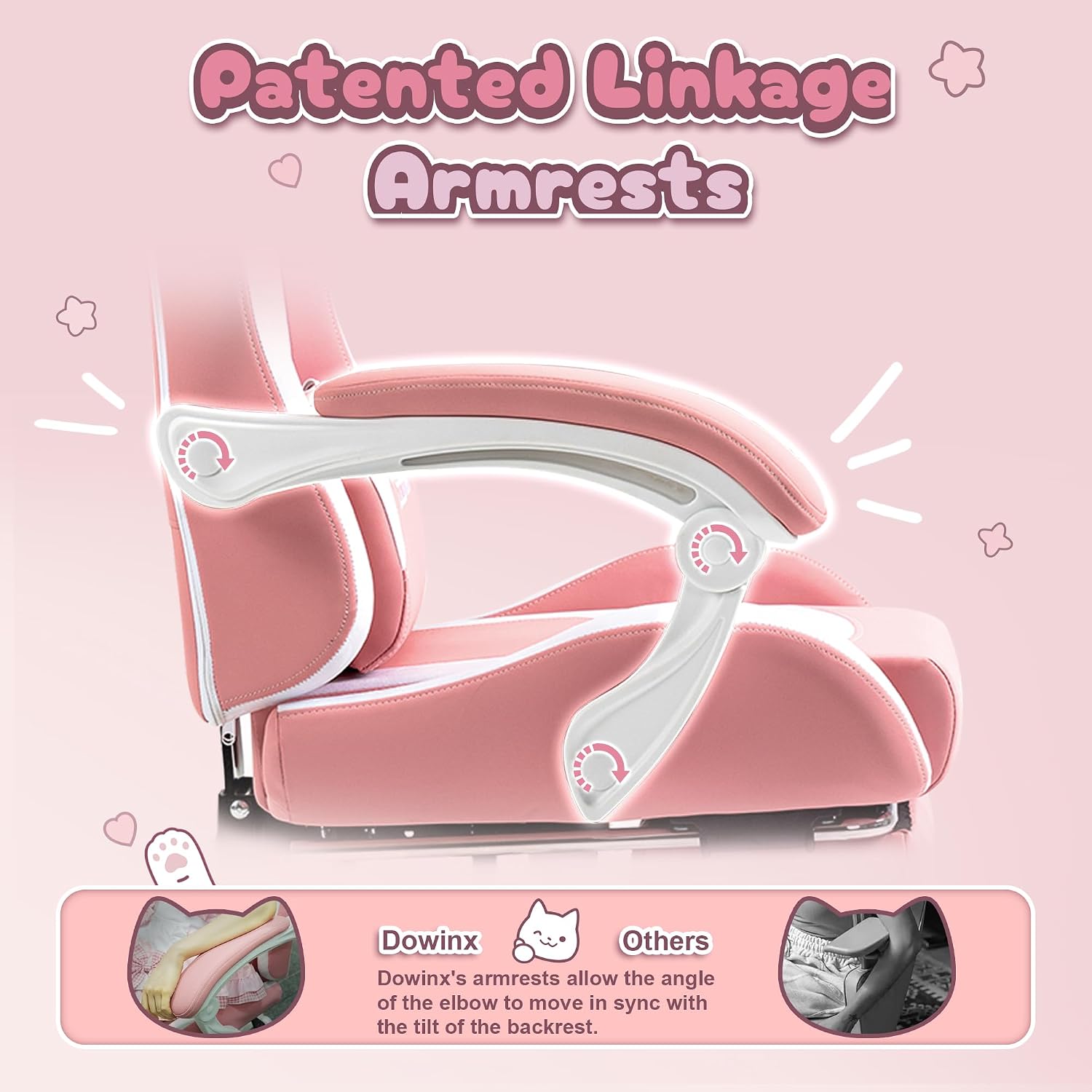 Dowinx Gaming Chair Cute with Cat Ears and Massage Lumbar Support, Ergonomic Computer Chair for Girl with Footrest and Headrest, Comfortable Reclining Game Chair 290lbs for Adult, Teen, Pink