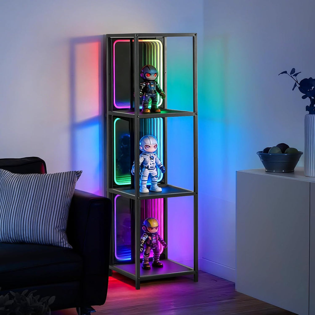FUSLITE 3 Tier Storage Cabinet with LED Infinity Mirror Light, RGBW Display Cabinet with Adjustable Color Temp for Bedroom Office Gaming Room Decor,Action Figures, Collectibles, Black