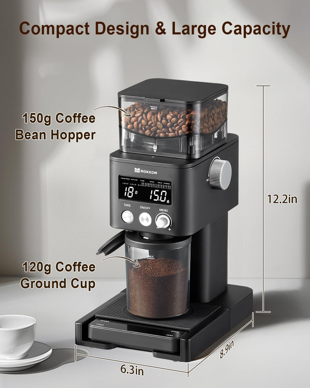 MOKKOM Coffee Grinder with Removable Coffee Scale via Bluetooth Connectivity, Anti-static Conical Burr Coffee Bean Grinder, 31 Precise Settings for Espresso/Drip/Pour Over/Cold Brew/French Press