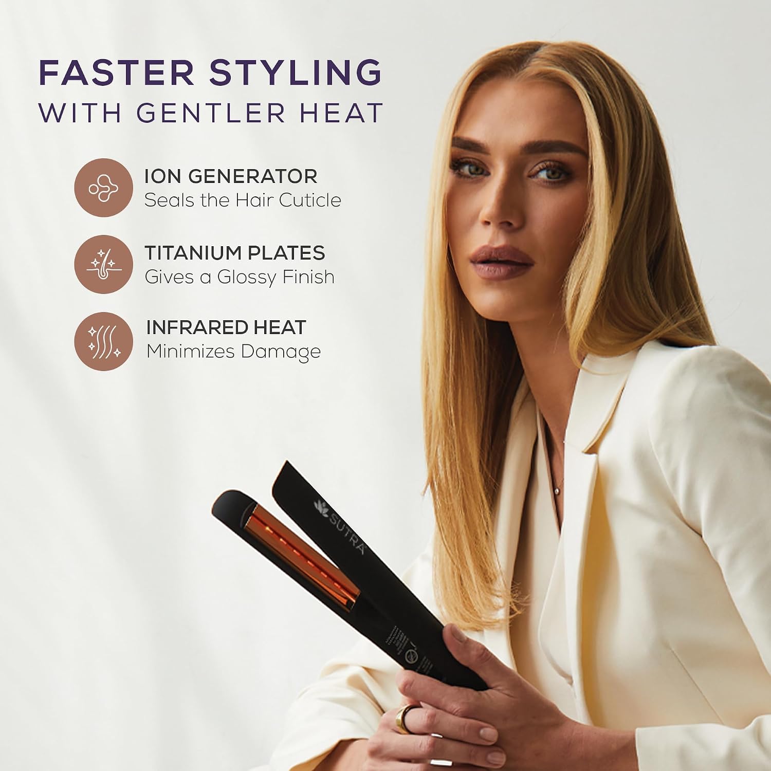 Sutra Professional IR2 Flat Iron - Ionic Infrared Hair Straightener with Adjustable Temperature, Auto Shut-Off & Swivel Cord - Straight Iron for Straightening Hair - Rose Gold Titanium Plate