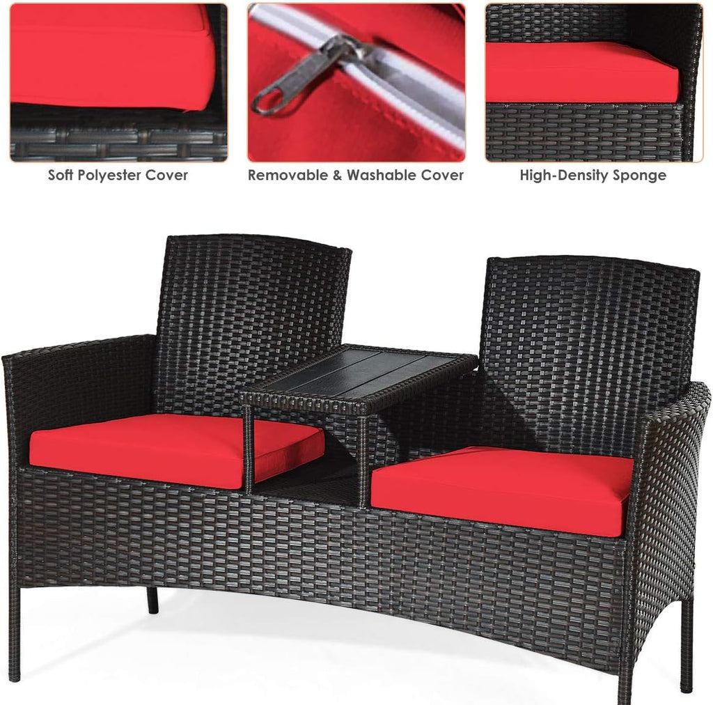 Tangkula Outdoor Rattan Loveseat, Patio Conversation Set with Cushions & Table, Modern Patented Wicker Sofa Set with Built-in Coffee Table, Rattan Sofas for Garden Lawn Backyard