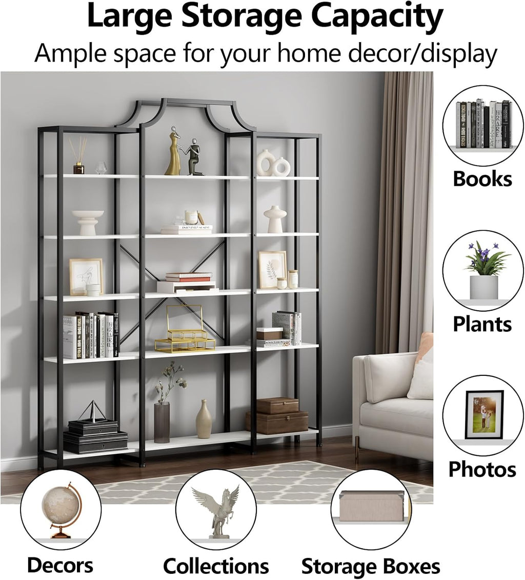 Auromie Triple Wide 5-Tier Bookshelf, 70.87' L x 79.13' H Extra Large Bookcase, Tall Open Etagere Display Shelf with Metal Frame, Freestanding Modern Storage Shelves for Home Office, Black&White