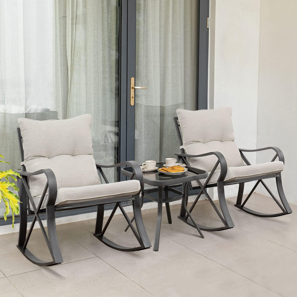 COSIEST 3 Piece Bistro Set Patio Rocking Chairs Outdoor Furniture w Beige Cushions, Glass-Top Table for Garden, Pool, Backyard