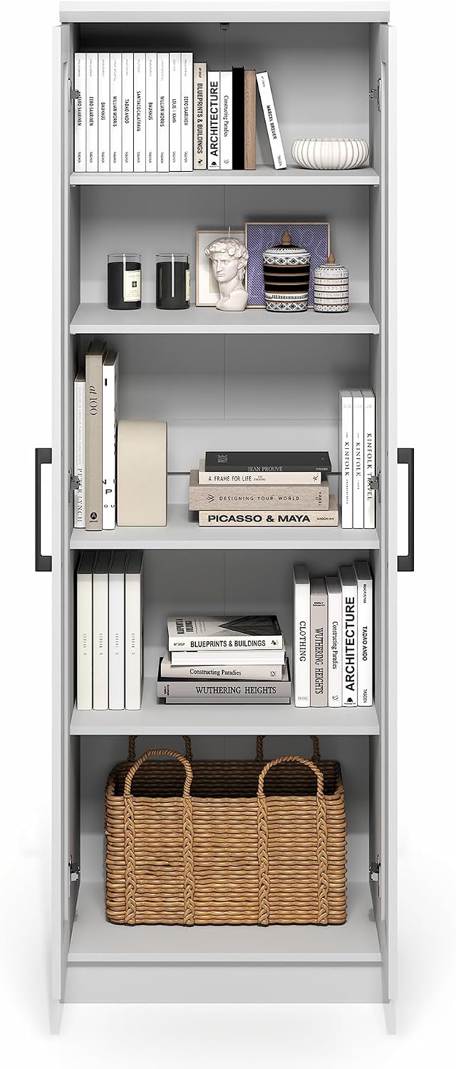 Furinno Robin Storage Cabinet, 5-Tier Pantry Cabinet with Adjustable Shelves, 23W with 2 Shaker-Doors, Kitchen Cabinet, Organization and Storage, for Pantry, Living Room, Home Office, White