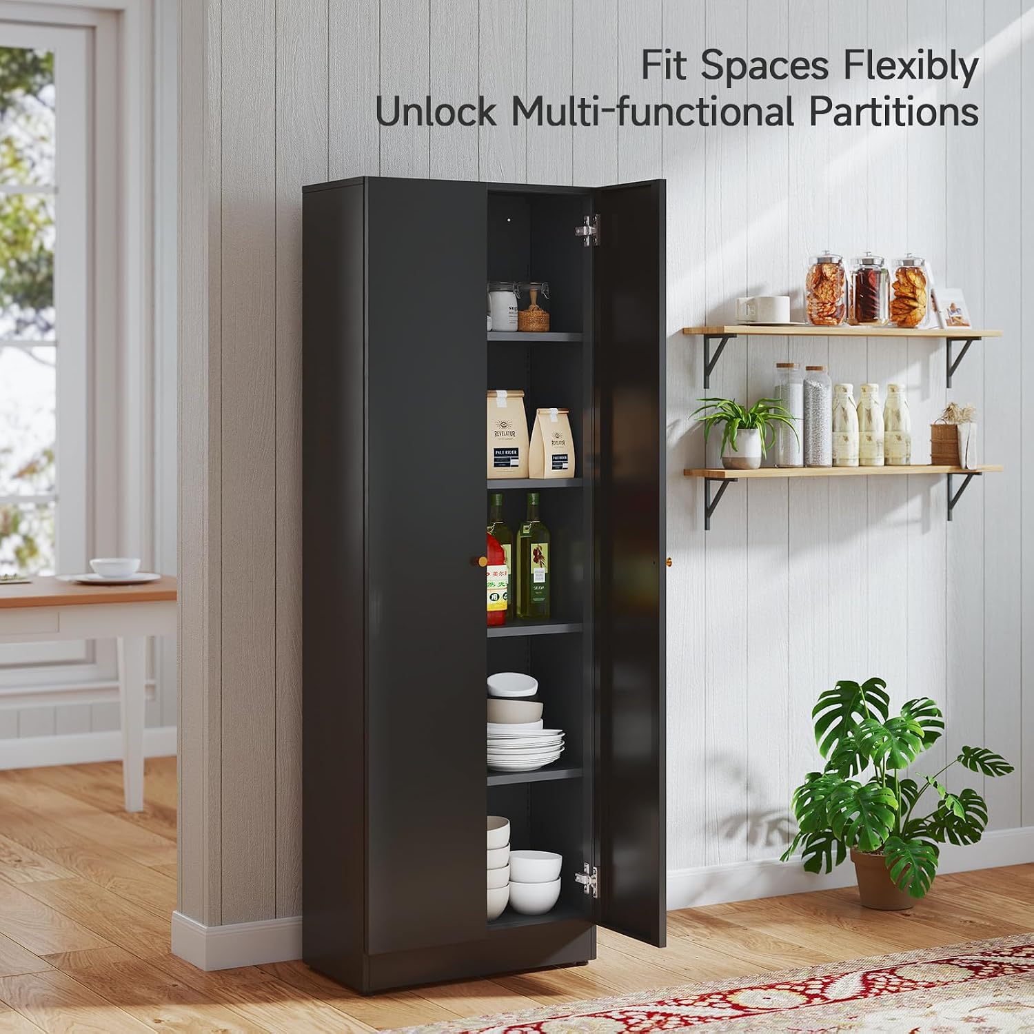 Metal Storage Cabinet with Doors, Black Bookshelf with Adjustable Shelves, Garage Storage Cabinet, 5 Tier File Cabinets, Tall Bookshelf Enclosed Bookcase for Home Office, Living Room, Library