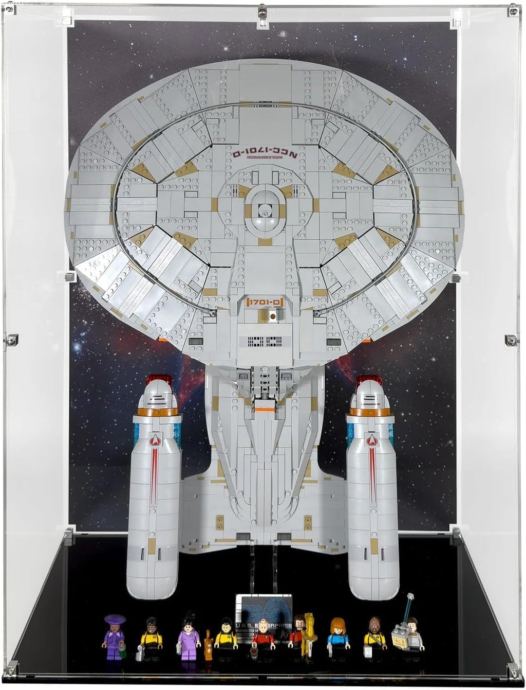 Display Case Compatible with Lego Set 10356 U.S.S. Enterprise NCC-1701-D - Set Not Included - Acrylic Showcase Display with Pre-Printed Background and Base (Vertical)