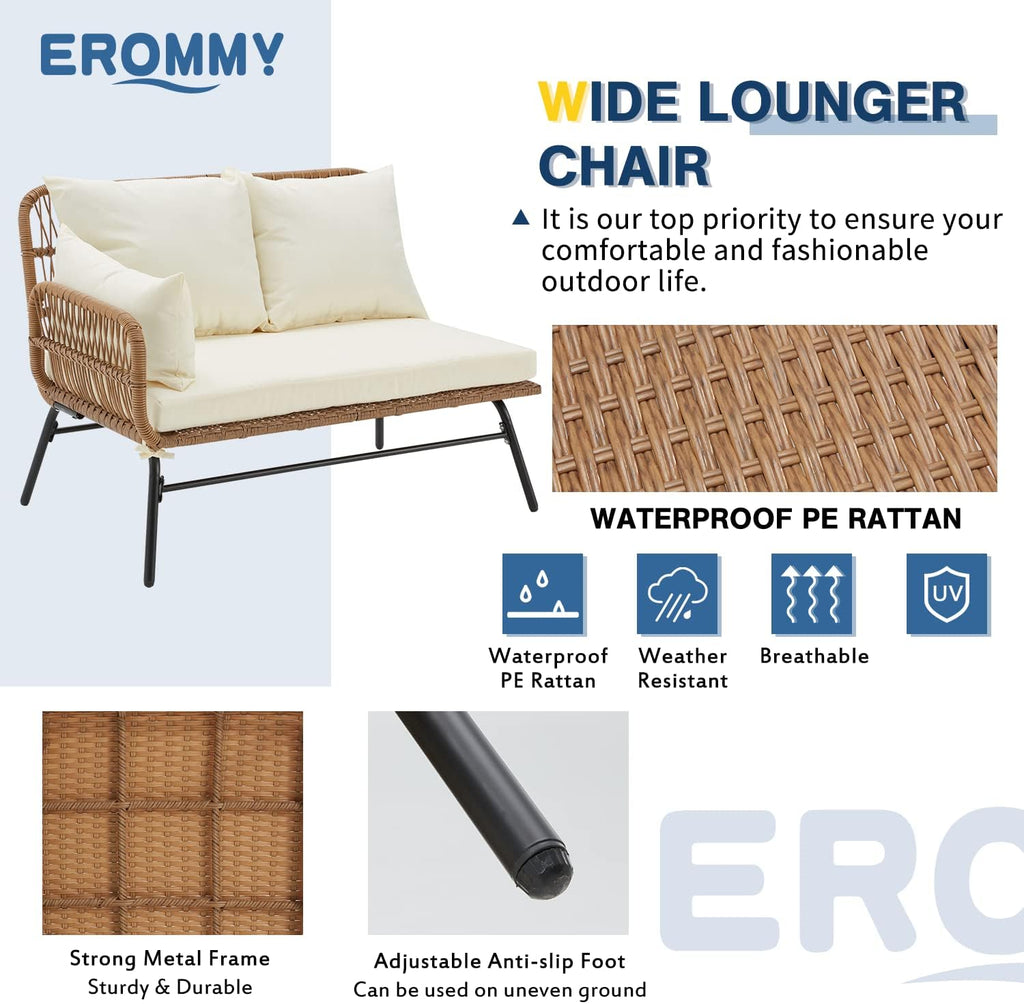 EROMMY 3 Piece Patio Furniture Set, L-Shaped Sectional Conversation Sofa Set with Thick Cushions and Toughened Glass Coffee Table for Backyard Balcony Garden Porch, White