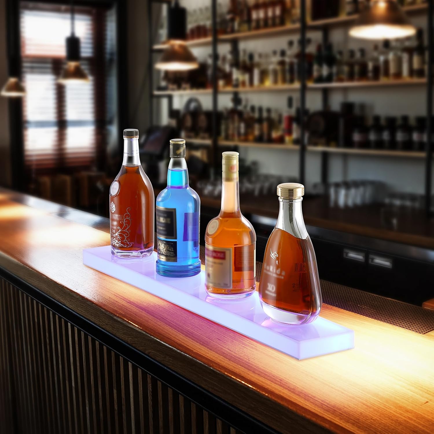 VEVOR LED Lighted Liquor Bottle Display, 1 Tier 30 Inch Wall Mounted Whiskey Rack Stand, 1 Step Commercial Illuminated Home Bar Shelf, Acrylic Drinks Light Shelves with RF Remote & App Control