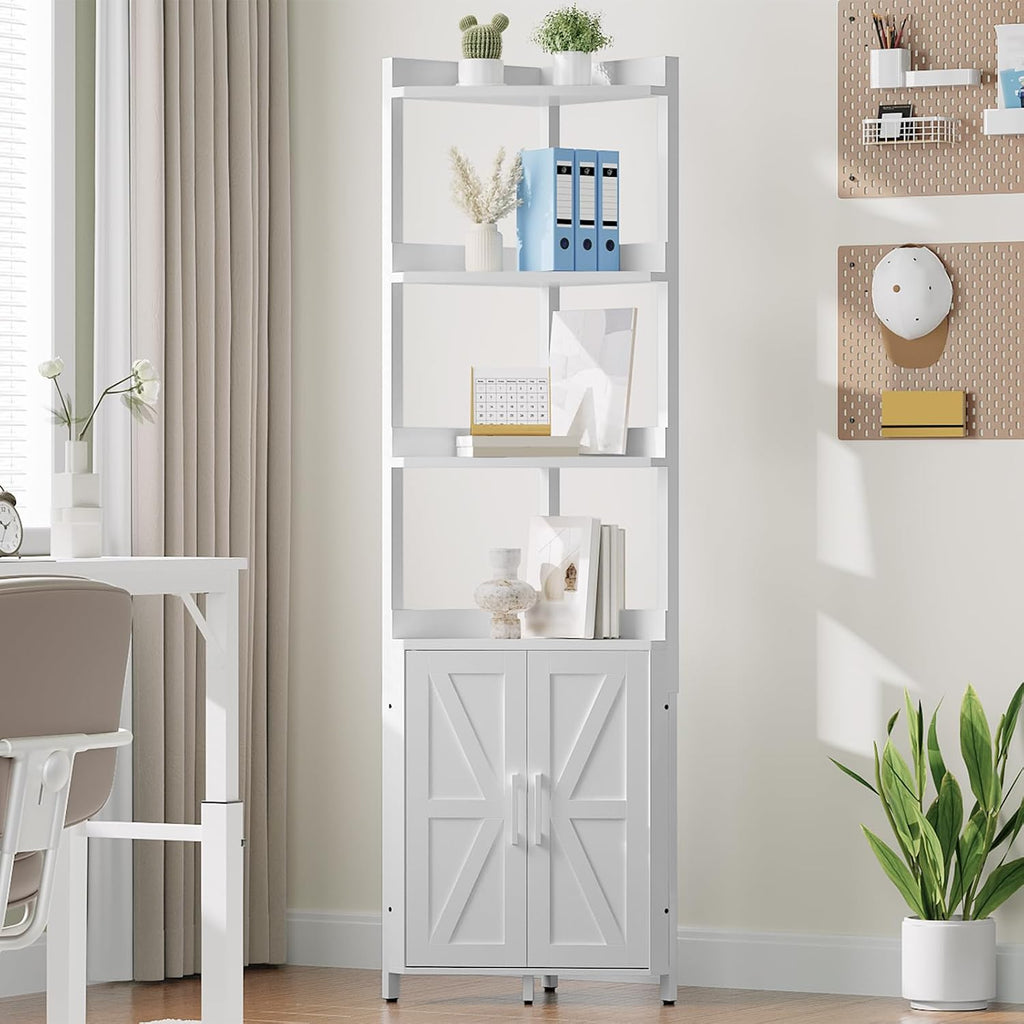 HOOBRO Corner Shelf with Storage, Tall Corner Cabinet, 5-Tier Bookshelf Stand, Storage Cabinet with Protective Fence, for Living Room, White WW78CJ01