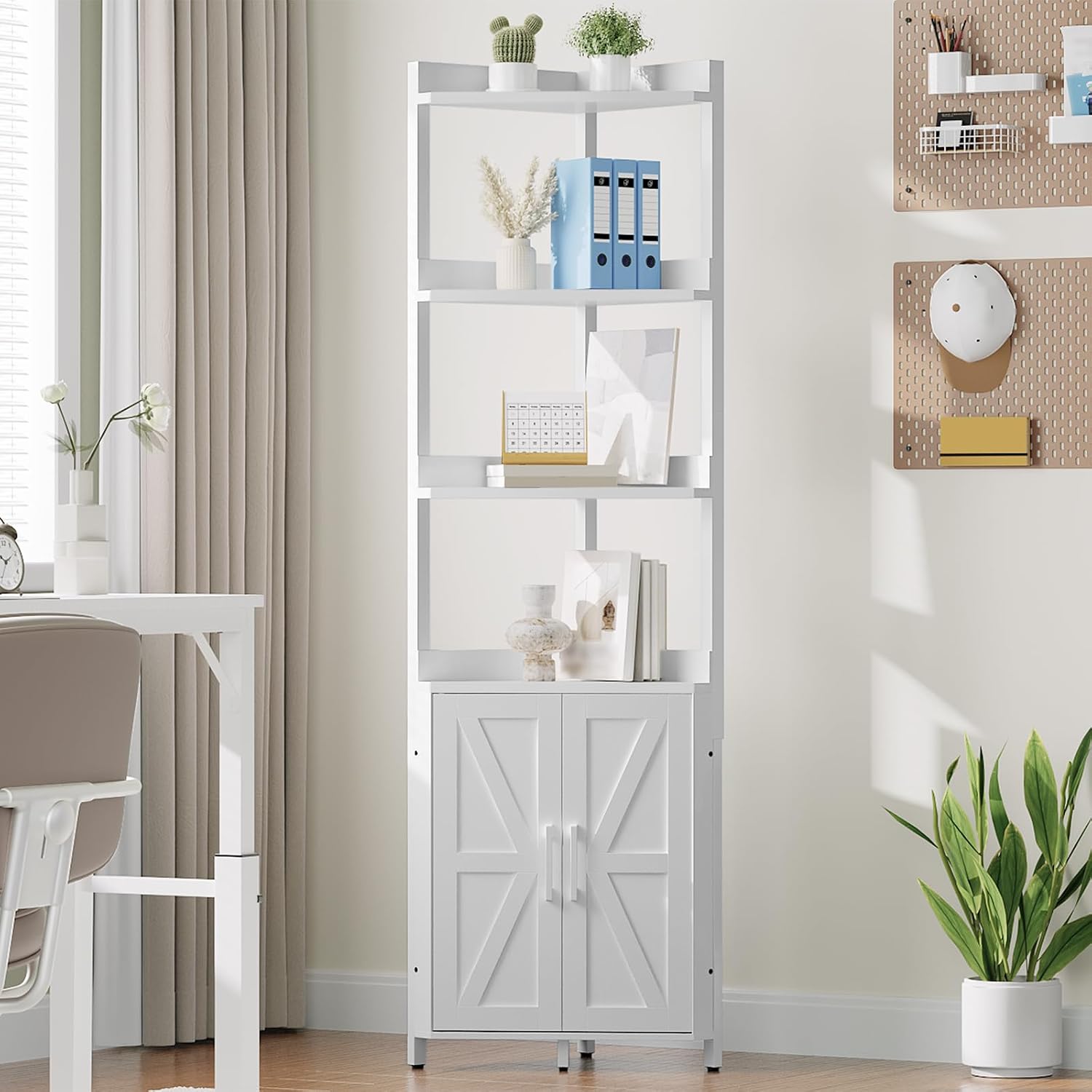 HOOBRO Corner Shelf with Storage, Tall Corner Cabinet, 5-Tier Bookshelf Stand, Storage Cabinet with Protective Fence, for Living Room, White WW78CJ01