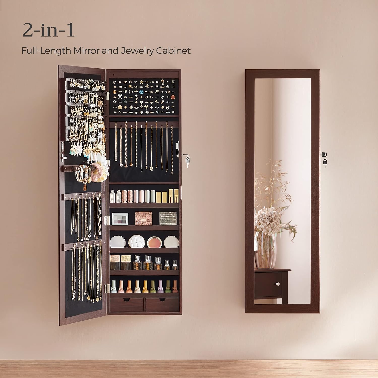 SONGMICS 6 LEDs Mirror Jewelry Cabinet, 47.2-Inch Tall Lockable Wall or Door Mounted Jewelry Armoire Organizer with Mirror, 2 Drawers, 3.9 x 14.6 x 47.2 Inches, Brown UJJC93K