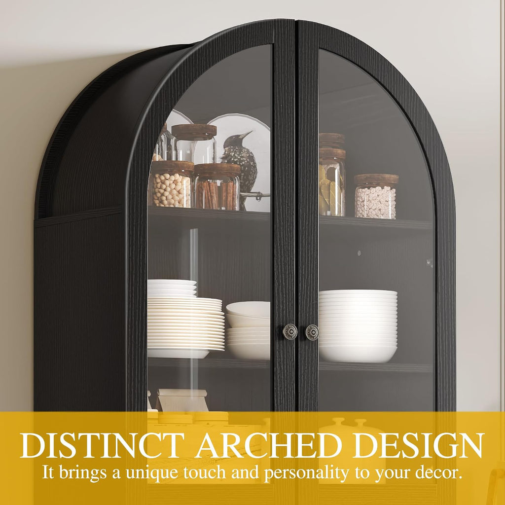 DWVO Arched Pantry Cabinet, 71' Tall Glass Door Display Storage Cabinets W/Drawer & Adjustable Shelves, Farmhouse Versatile Cupboard Bookshelf for Kitchen Dining Living Room, Black