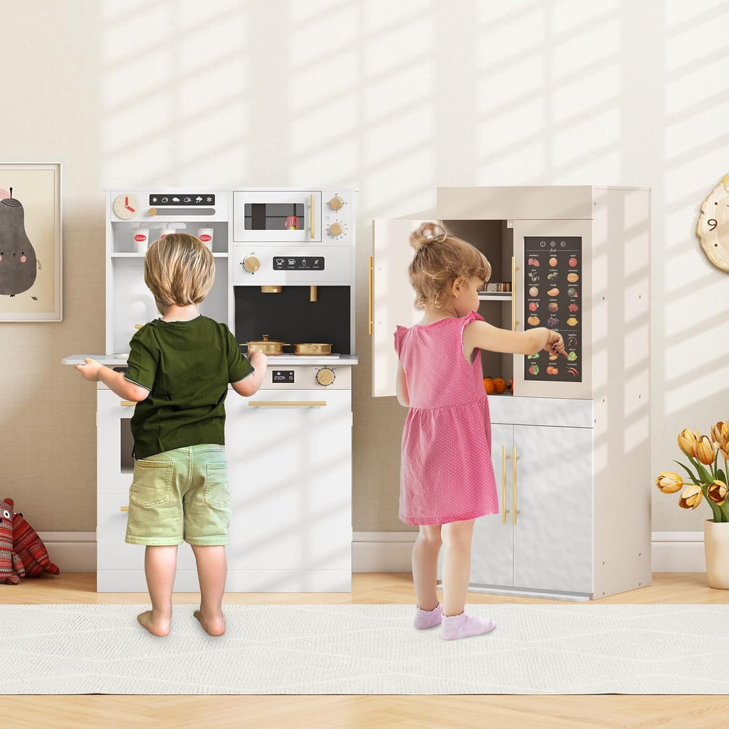 INFANS Play Kitchen for Kids, 2-Piece Fridge Refrigerator Playset Combination with Electronic Interactive Alphabet Wall Chart Coffee Machine Stove Microwave, Toddler Wooden Pretend Cooking Set Gift