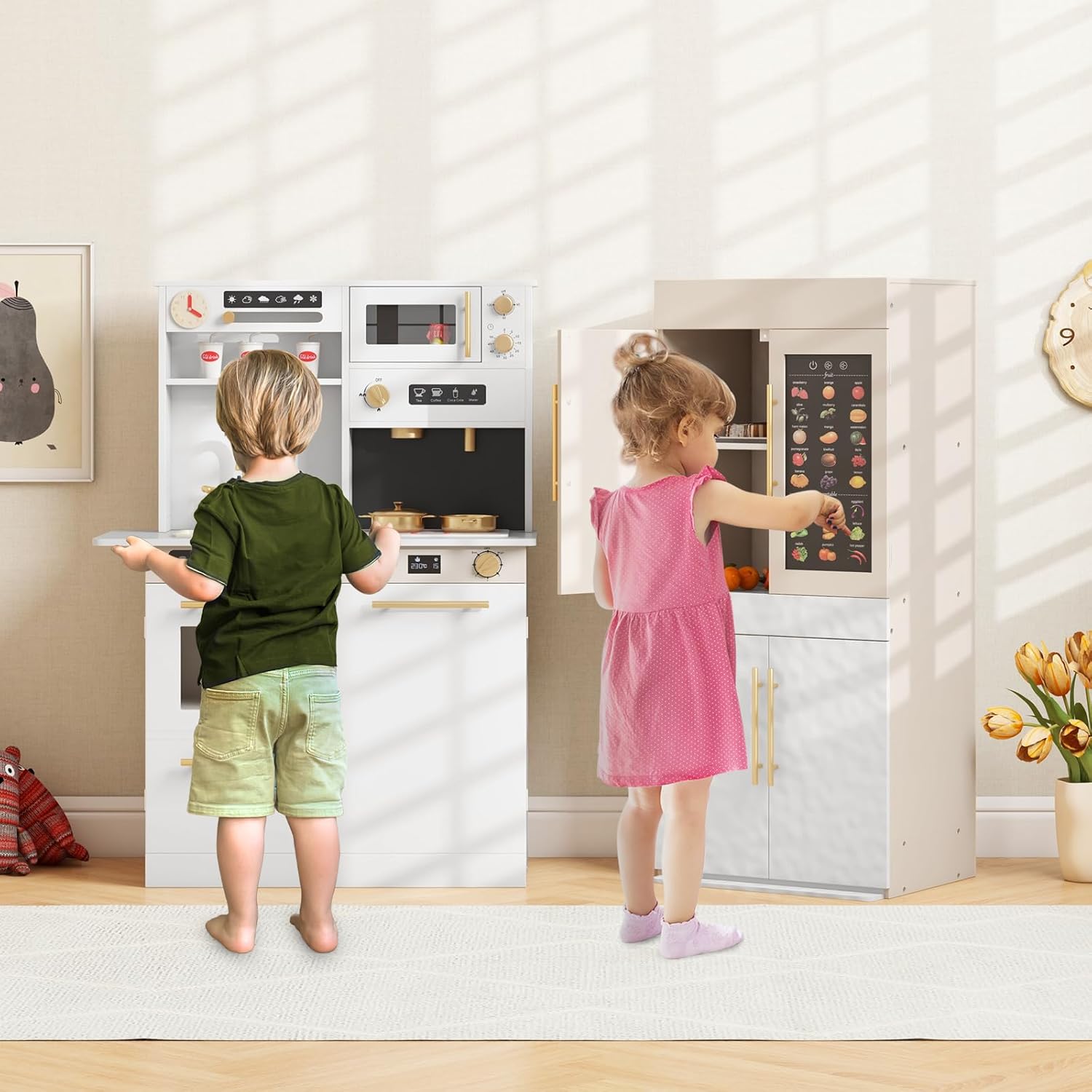 INFANS Play Kitchen for Kids, 2-Piece Fridge Refrigerator Playset Combination with Electronic Interactive Alphabet Wall Chart Coffee Machine Stove Microwave, Toddler Wooden Pretend Cooking Set Gift