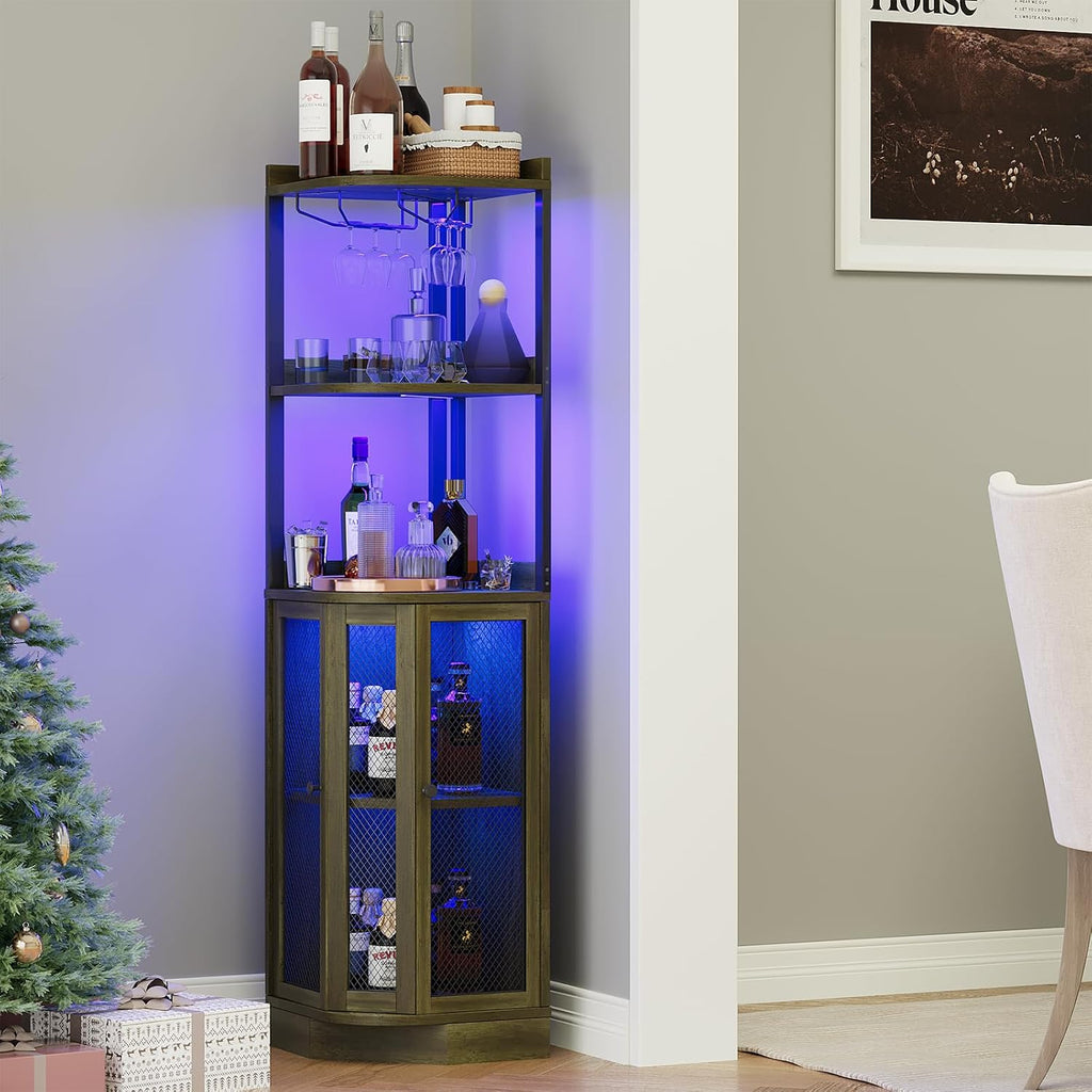 EOYUTLLY Corner Bar Cabinet with with Power Outlet and LED Strip, 65' H 5-Tier Corner Liquor Wine Display Cabinet for Home, Bar and Storage Solution, for Living Room, Kitchen, Home Bar, Gray