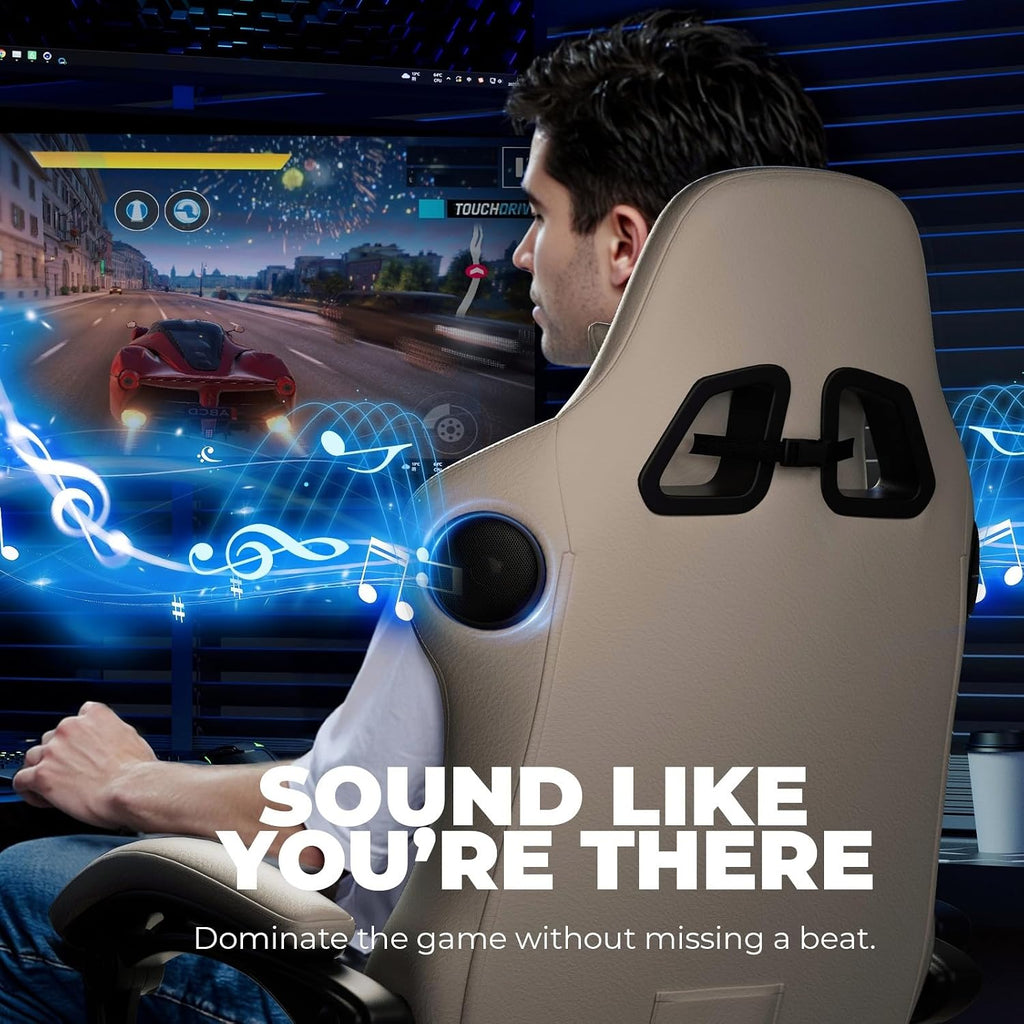 GTPLAYER ACE-PRO Music Gaming Chairs – Built-in Speakers, App Support & Bluetooth Control, Computer Game Chairs with Footrest for Adults, Ergonomic Reclining Silla, Linkage Armrest, Ivory