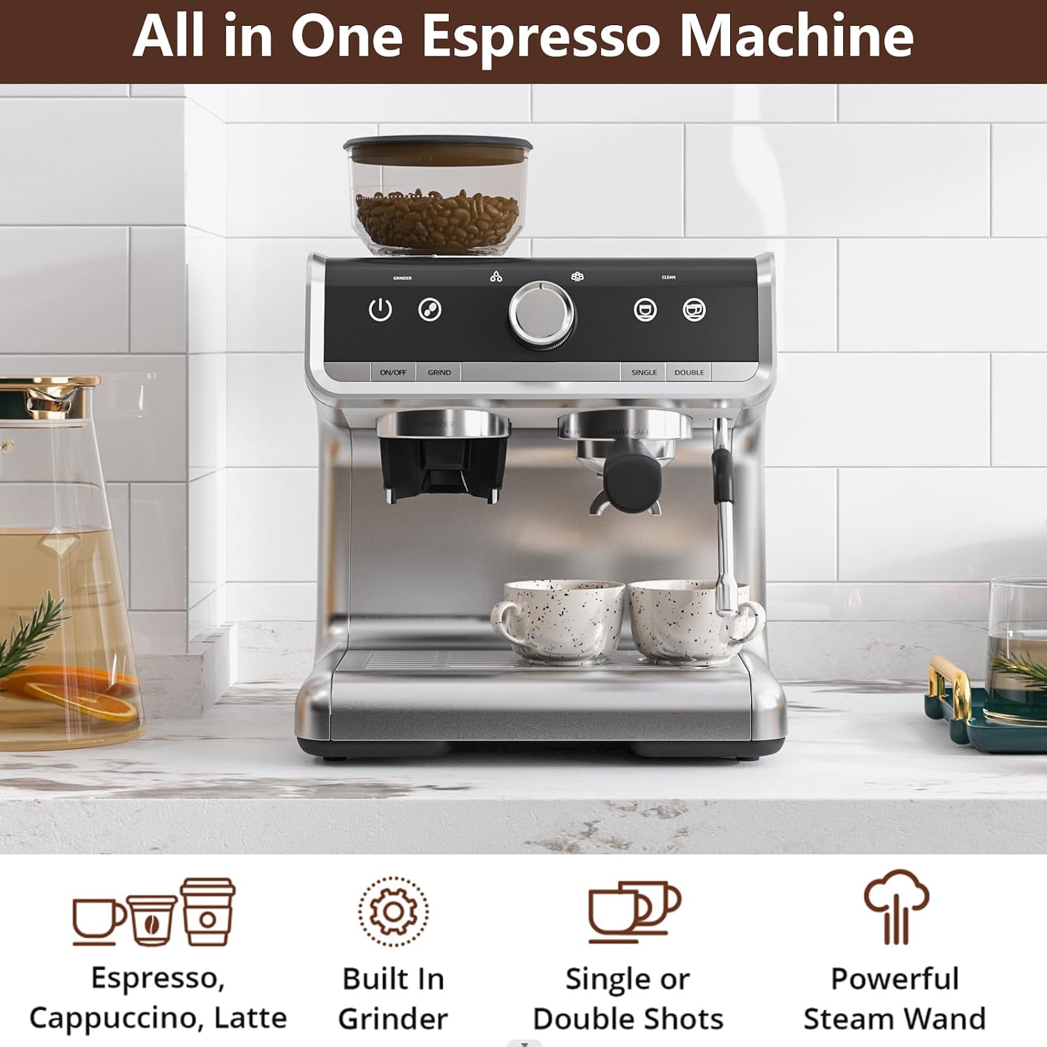 Acekool 20 Bar Espresso Machines with Grinder, Professional Espresso Maker with Removable Water Tank, Milk Frother Steam Wand for Latte&Cappuccino (Silver)