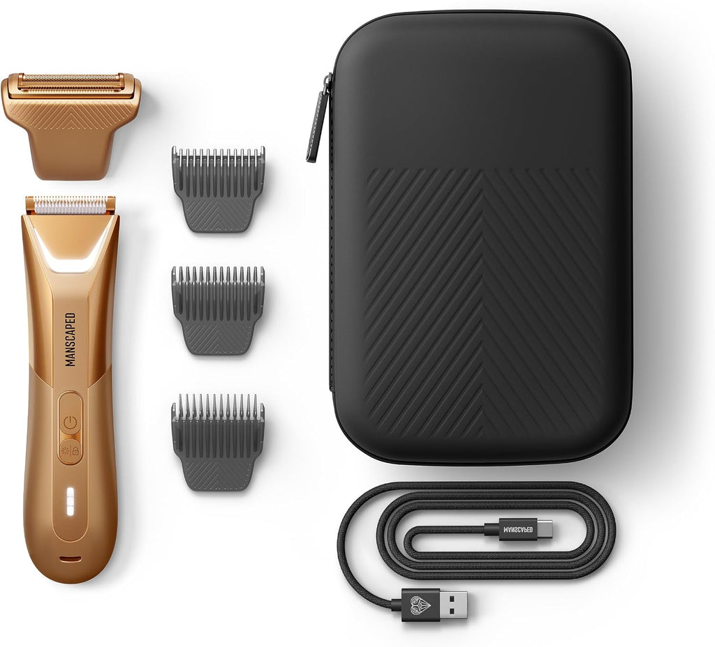MANSCAPED® The Lawn Mower® 5.0 Ultra Groin & Body Hair Trimmer – Dual-Head SkinSafe® Trimmer & Foil Blades, Waterproof Groomer, USB-C Rechargeable with Travel Case, Men's Ball Shaver, Forged Gold
