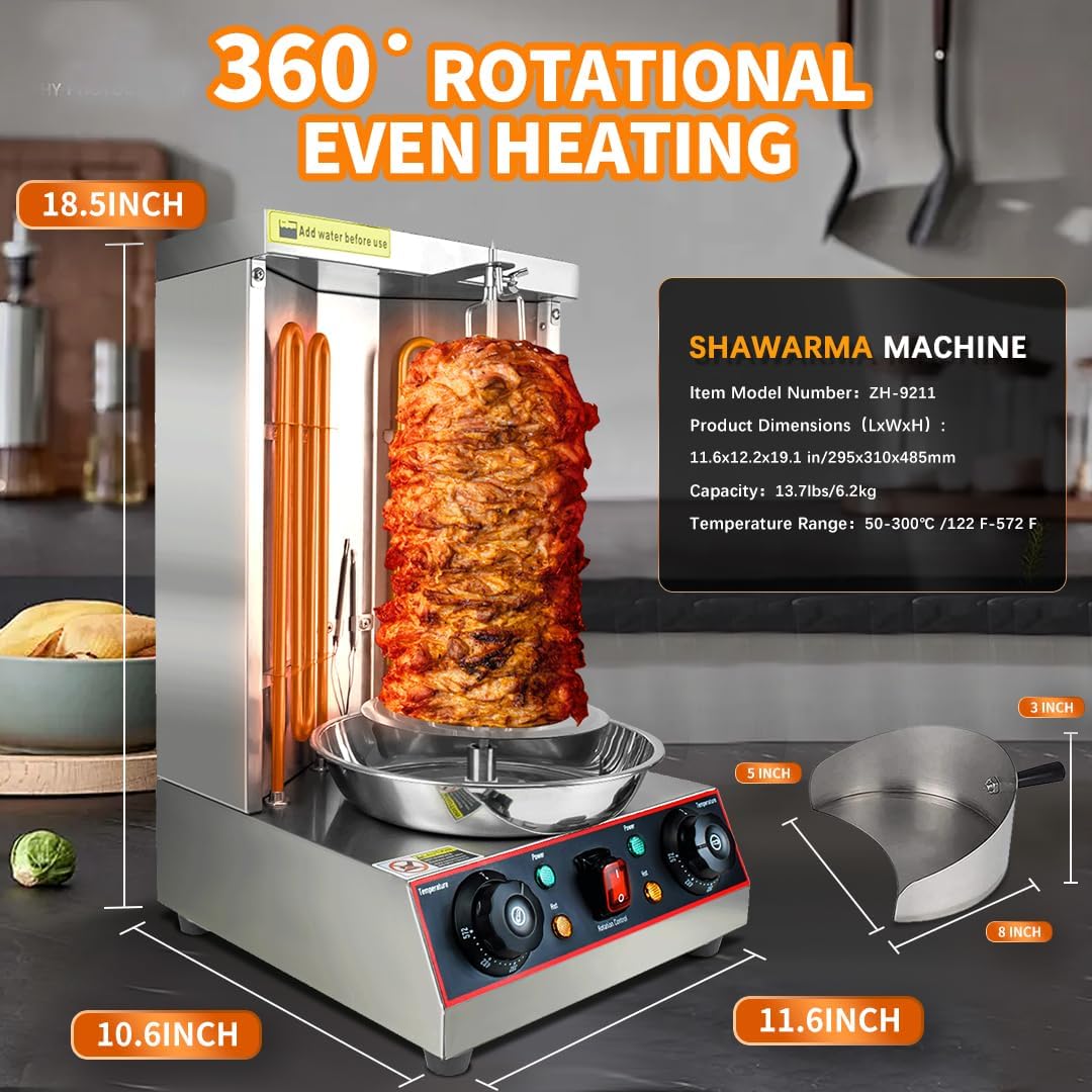 KOOTEN Shawarma Grill Machine Electric Vertical Kebab Gyro Grill Machine Rotisserie Broiler Machine with 2 Burners and Meat Catch Pan, 3000W