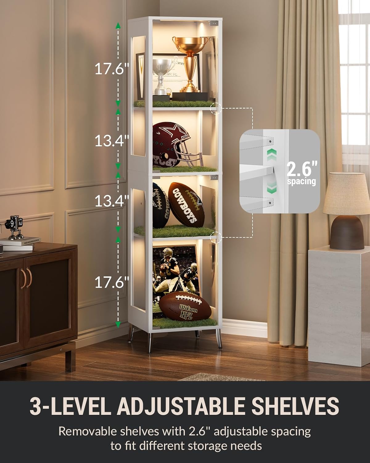 Glass Display Cabinet, 4-Tier Curio Cabinet, Adjustable Shelves, 60,000 Color Lights for Collectibles, Storage Cabinet with Door, Glass Display Case & Bookcase, App & Remote Control, White