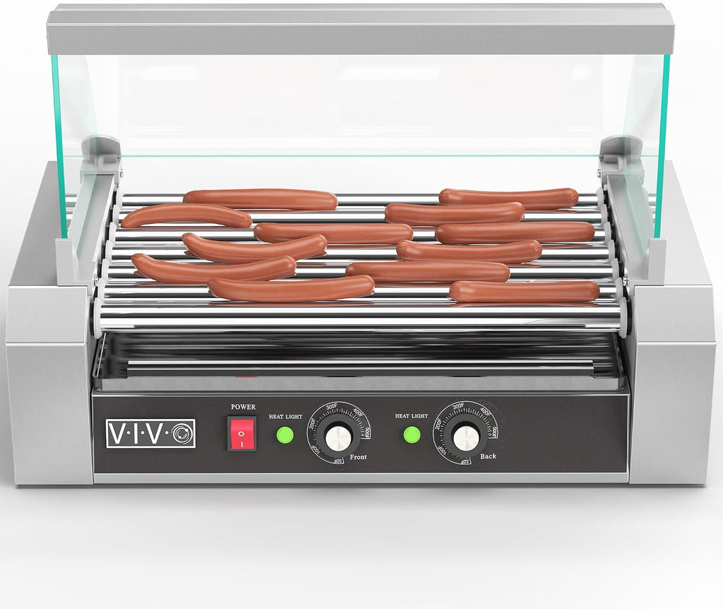 VIVO Electric 18 Hot Dog 7 Roller Grill Warmer, Stainless Steel, Commercial and Household 900W Machine with Cover, HOTDG-V207
