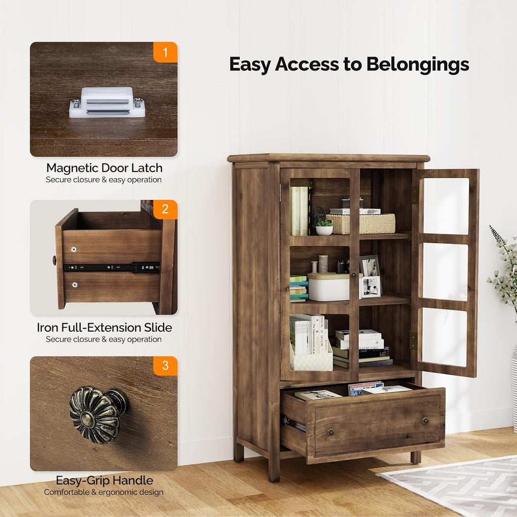 VINGLI Rustic Storage Cabinet with Glass Doors & Drawer, Solid Wood Leg, Walnut Finish Showcase