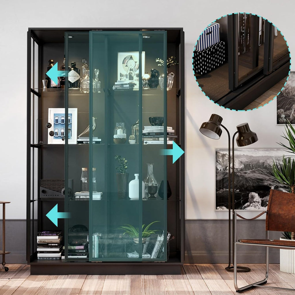Large Display Cabinet with Glass Shelving & Sliding Doors, Trophy Case Glass Cabinet with Spotlights Black 48.1'W x 23.6'D x 74.8'H
