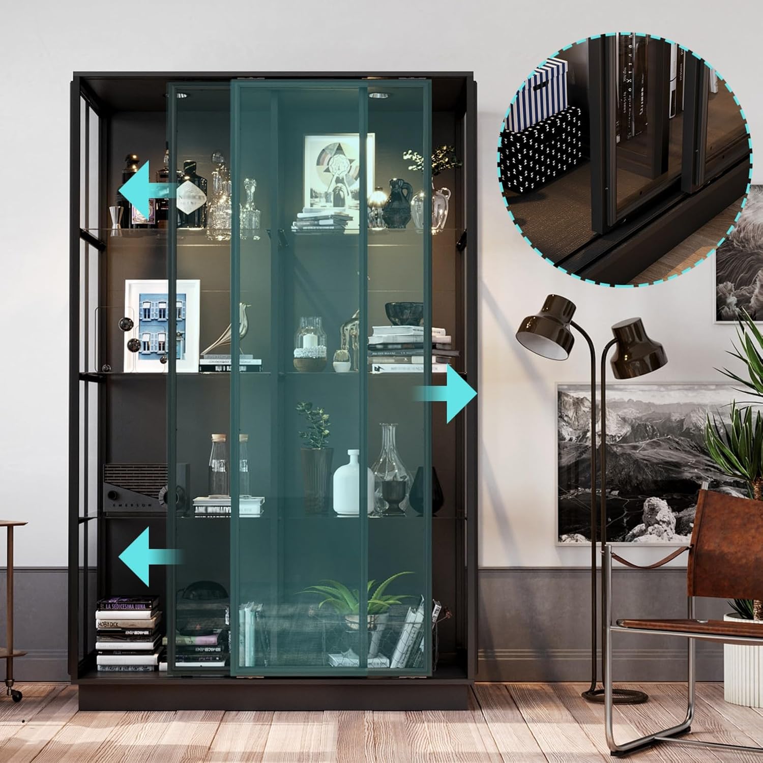 Large Display Cabinet with Glass Shelving & Sliding Doors, Trophy Case Glass Cabinet with Spotlights Black 48.1'W x 23.6'D x 74.8'H