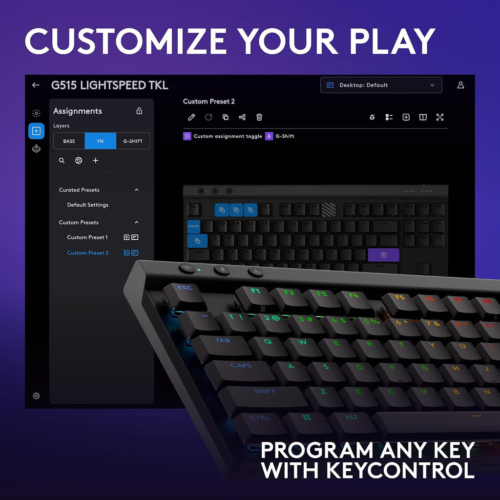 Logitech G515 Lightspeed TKL Low Profile Wireless Gaming Keyboard, LIGHTSYNC RGB, Thin Tenkeyless Design, Double-Shot PBT Keycaps, Linear (Red) Mechanical Switches - Black