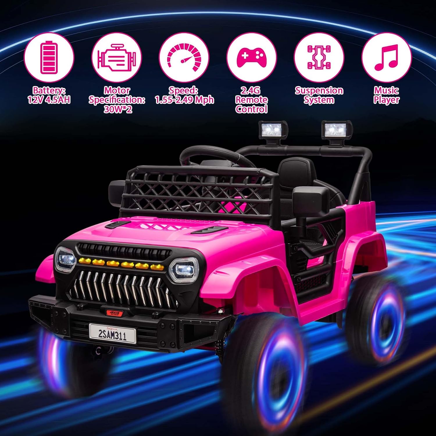 12V Ride On Car for Kids Electric Vehicle Toddlers Battery Powered Truck Car Toy with Remote Control, 4-Wheel Suspension, Battery Display, LED Lights, Music, for Boys Girls, Rose Red