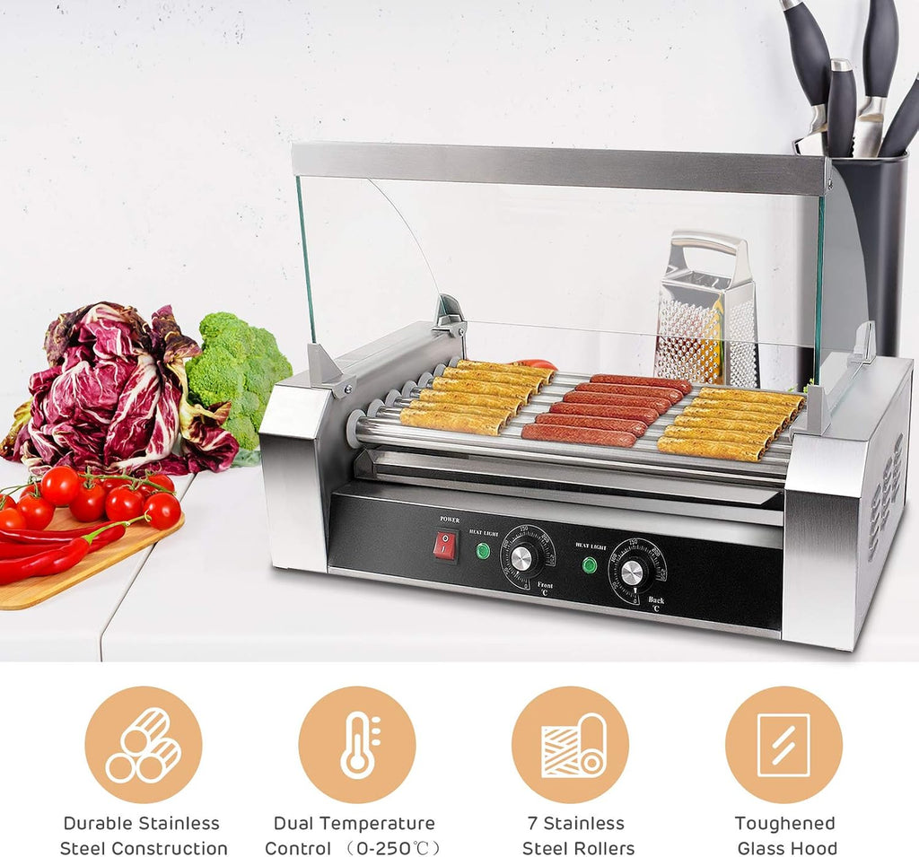 Happygrill Hot Dog Roller Machine, Electric Sausage Grill w/ 18 Hot Dog, 7 Non-Stick,Removable Stainless Steel Drip Tray and Glass Hood Cover,Commercial Household Hot Dog Grill Cooker