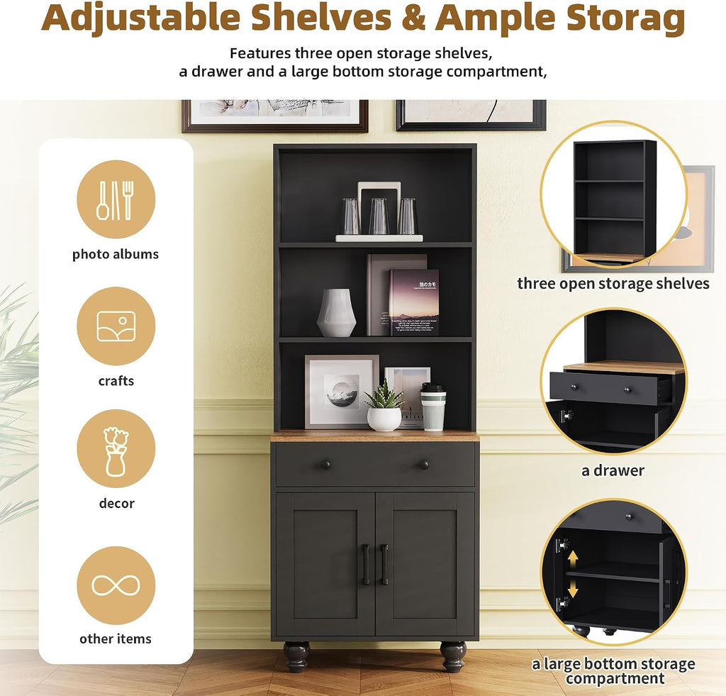 JOSHEN 63' Farmhouse Wood Grain & Solid Gourd Legs Showcase Cabinet, Display Case with Adjustable Shelves, Lego Display Shelves with Anti-Tip Kit & Drawer for Living Room, Kitchen, Black+Natural