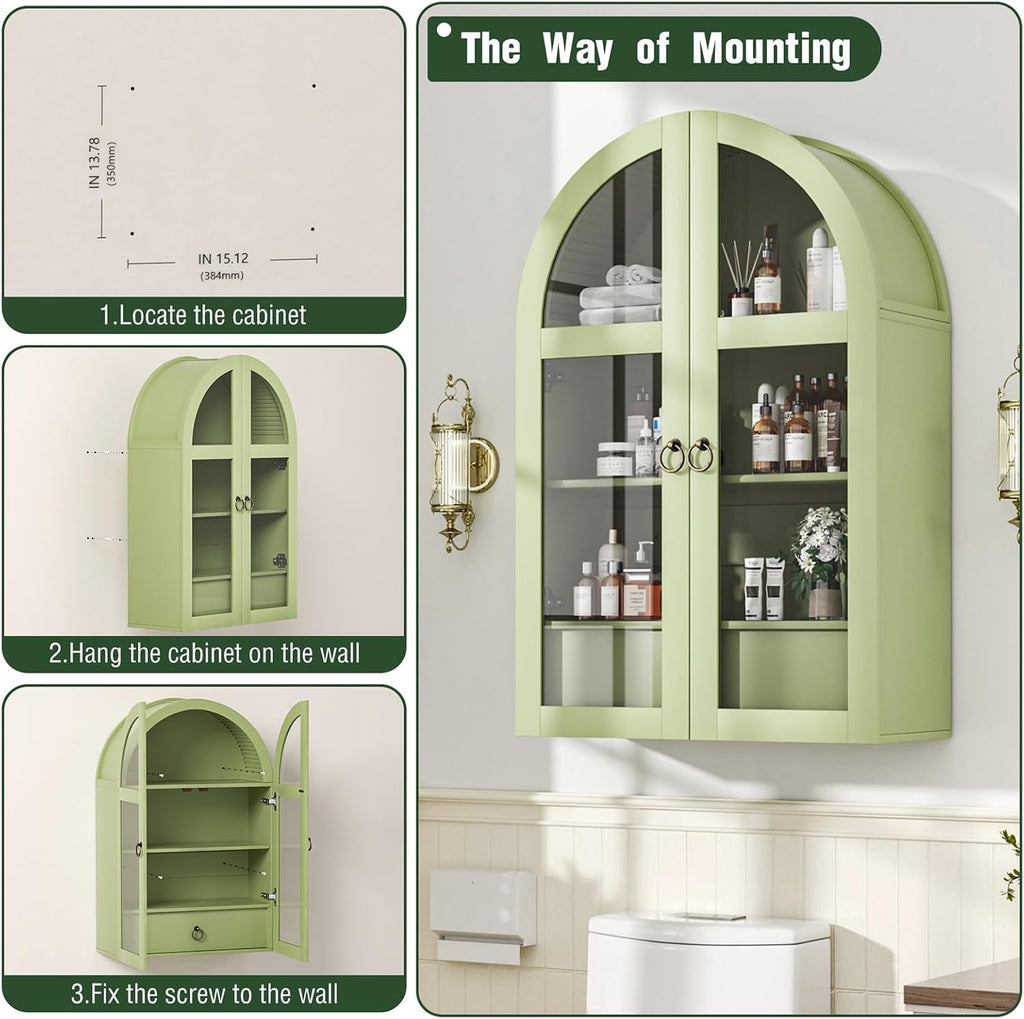 Medicine Cabinet with Tempered Glass Door, Arched Bathroom Wall Cabinet with Adjustable Shelf, for Kitchen, Living Room, Entryway, Laundry Room, Apartment, Office, Small Space, Green