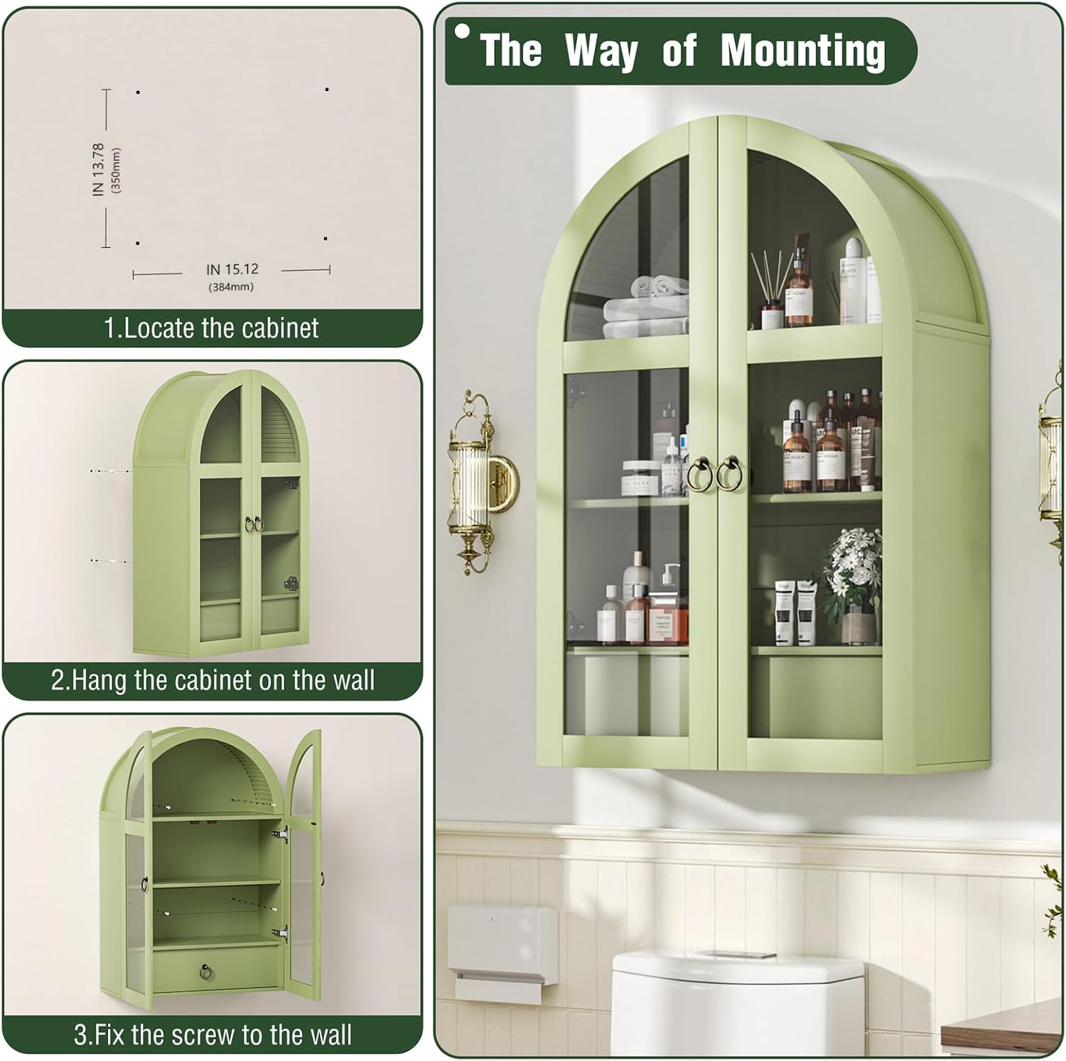 Medicine Cabinet with Tempered Glass Door, Arched Bathroom Wall Cabinet with Adjustable Shelf, for Kitchen, Living Room, Entryway, Laundry Room, Apartment, Office, Small Space, Green