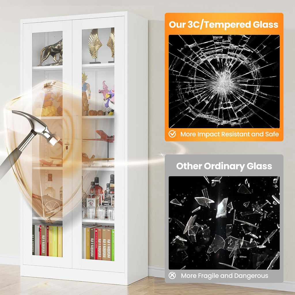 Locking Display Cabinet with Glass Door, 71'H Metal Curio Cabinets with Adjustable Shelves, White Liquor Caninet Display Case for Living Room, Collectibles, Clinic, Home - Assembly Required