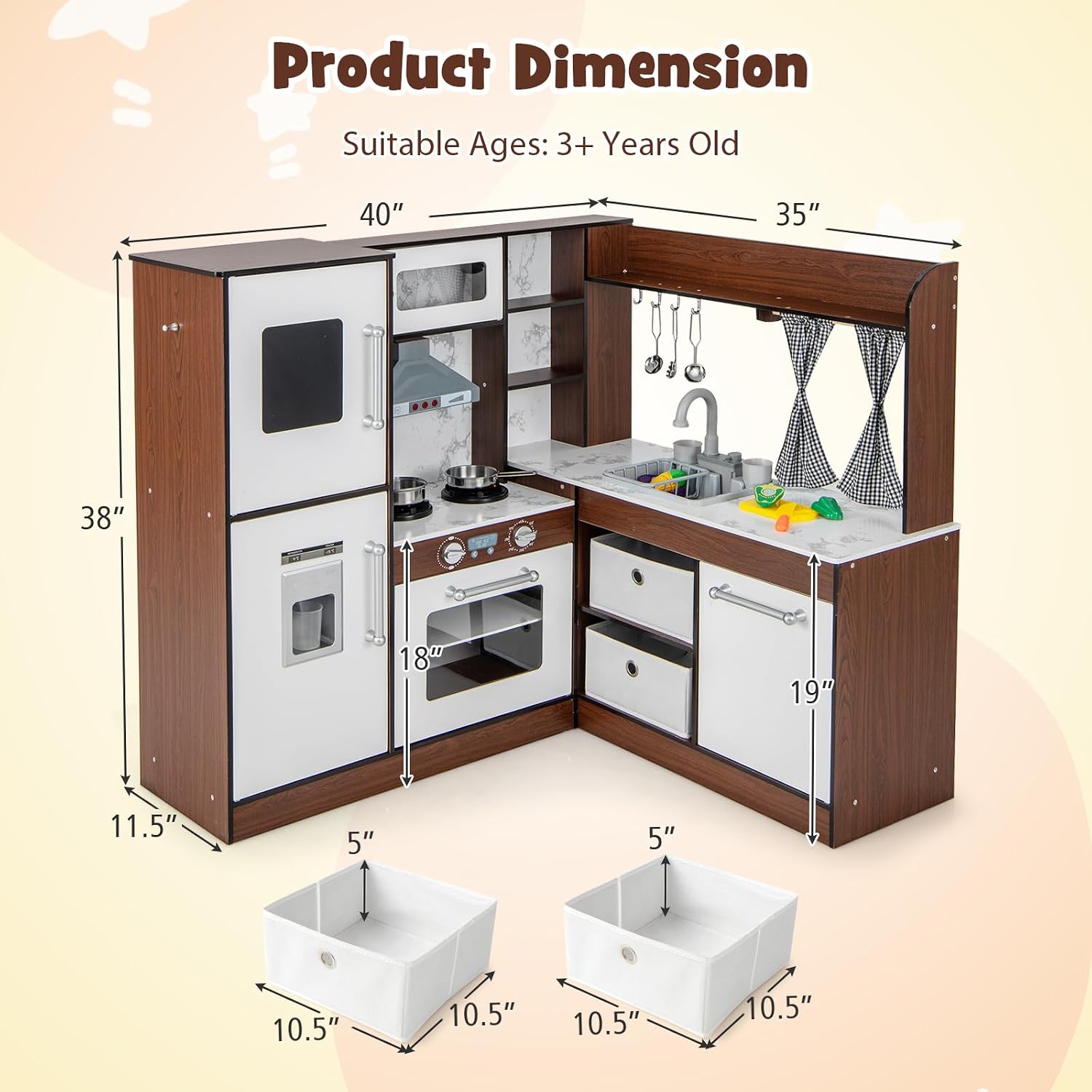 INFANS Kids Kitchen Playset with Real Running Water, Ultimate Wooden Corner Pretend Cooking Set with Simulation Light Sound Stove Storage Cabinet, Play Toy Gift