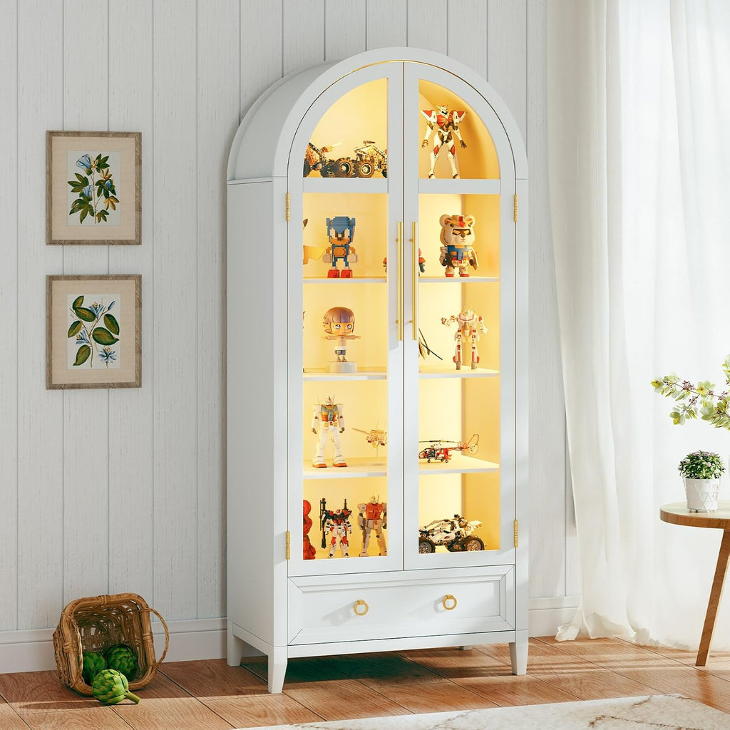 Arch Display Cabinet with Glass Doors, 4-Tier Curio Cabinet Shelves and a Drawer,73' Inch Tall LED Display Case for Collectibles,Bookcase for Bedroom Living Room Office,Black White